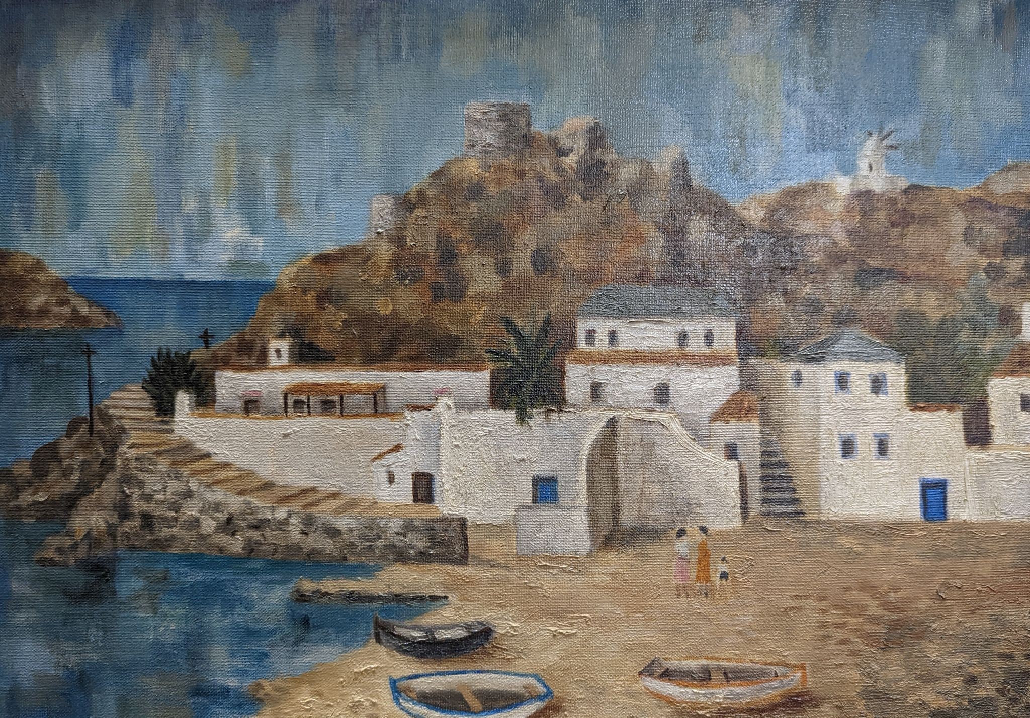 Caroline Luttrell, oil on canvas, Mediterrenean coastal village, signed, 40 x 55cm